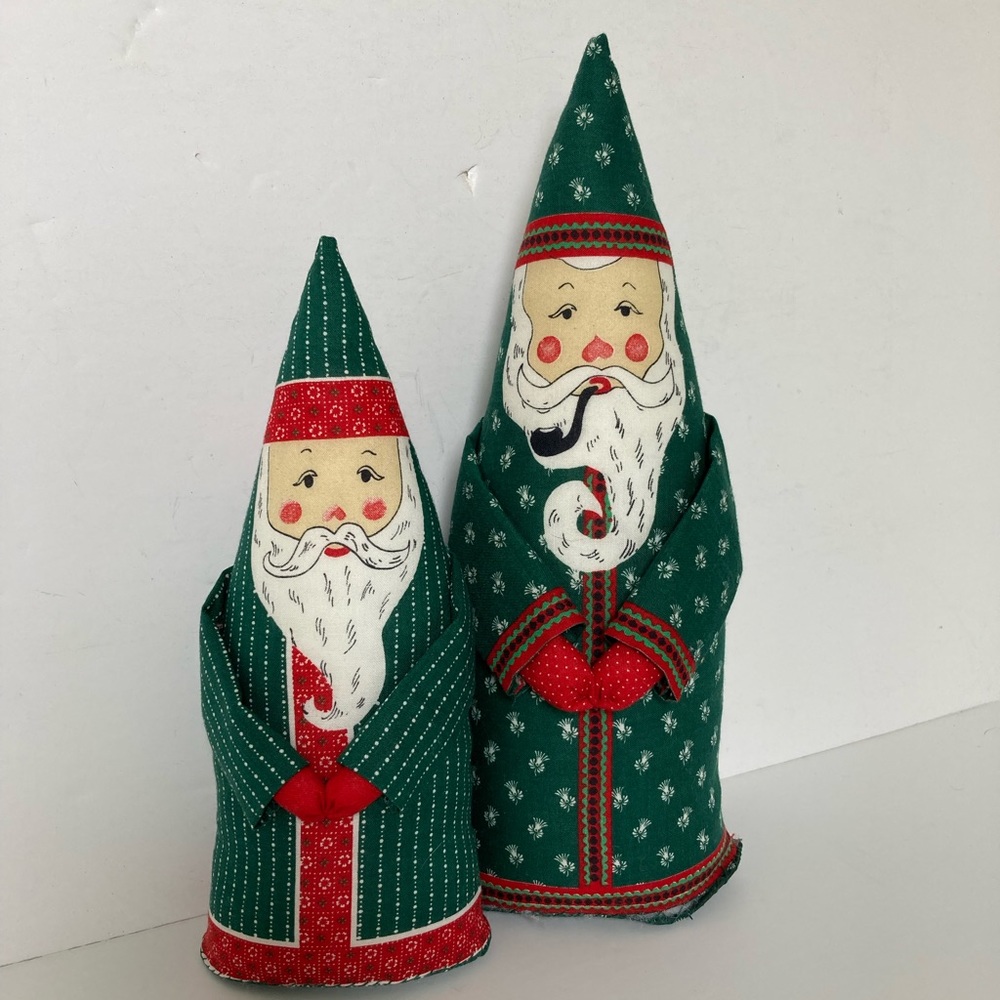 Pair Of Vintage Fabric Cone Santa Claus Plush Figurines green handmade